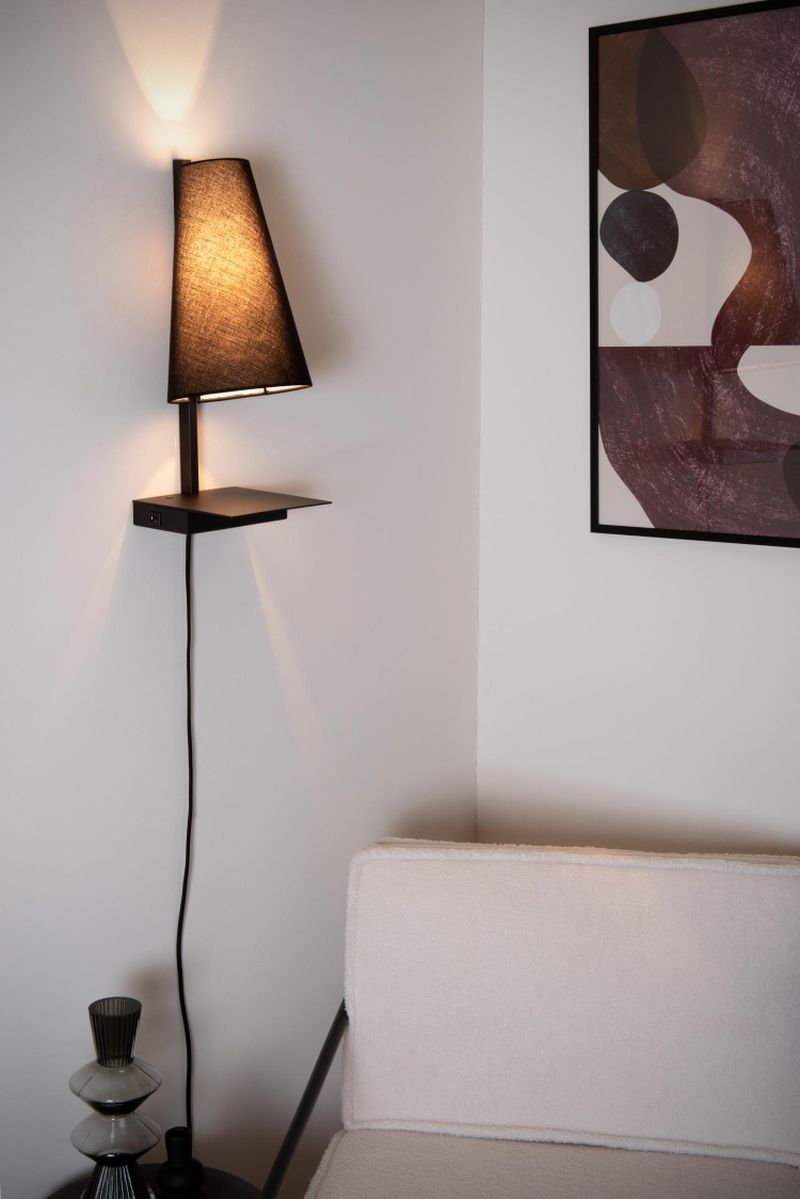 Lucide GREGORY - Nástenné svietidlo - 1xE27 - S USB nabíjacím bodom - Čierna